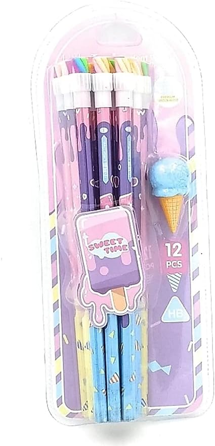 ALL SEASONS || Ice cream HB Pencil and Eraser Set for Kids -return gift, Birthday gift and school stationary (Multi color Pack of 12)