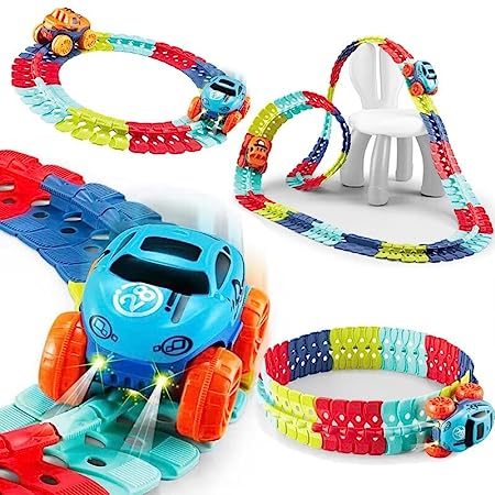 46pcs Car Race Track Toys Flexible & Changeable Tracks for Kids with 1 LED Light-Up Race Car,Magic Race Car Track Toys for Gifting 3 4 5 6 7 8+Year Old Boys Girls