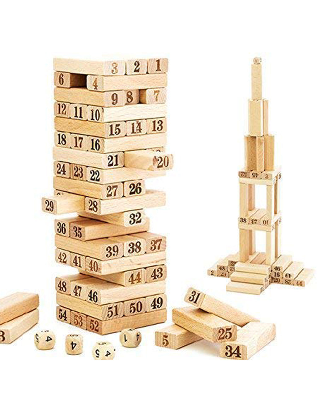 4 Dices Wooden Numbered Building Bricks Stacking Set - 54 Pieces