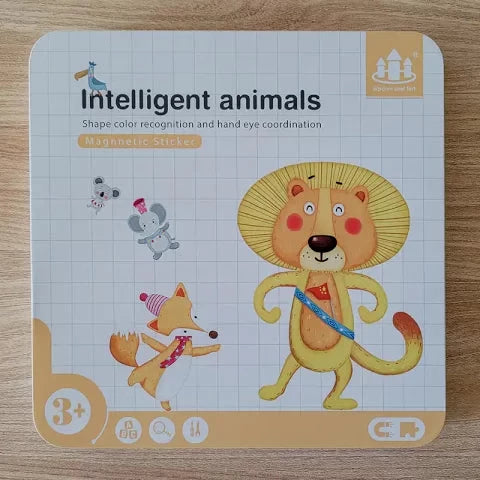 Intelligent Animals: Magnetic sticker puzzle with tin storage box