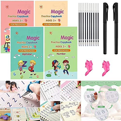 Sank Magic Practice Copybook, (4 BOOK + 10 REFILL+ Pen + Grip) Number Tracing Book for Preschoolers with Pen, Magic Calligraphy Copybook Set Practical Reusable Writing Tool Simple Hand Lettering