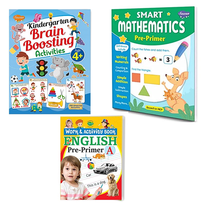 Set of 3 activity Books - English Activity, Mathematics activity, Brain Boosting Activity for Kids age 4+